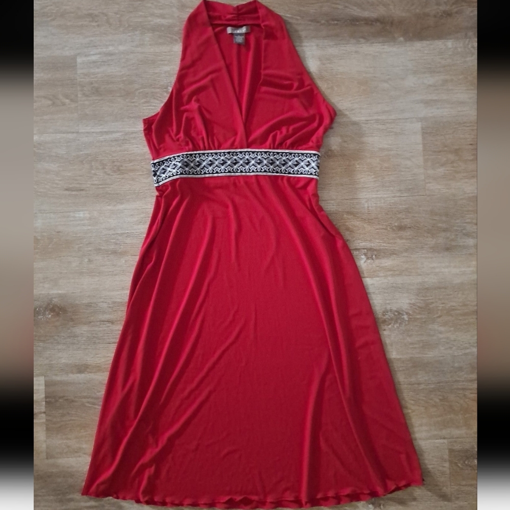 KENAR Vintage Red Black White Embroidery Midi Fit & Flare Sleeveless Dress